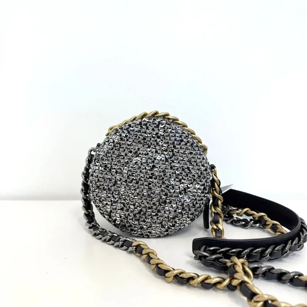CHANEL 19 Round Gold Chain Sequin Silver Crossbody Mini CC Clutch Shoulder Bag